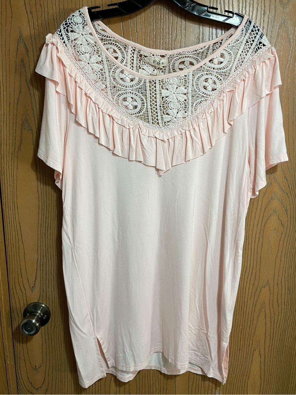 NWT POL Tunic in Pink with White Lace Yoke & Ruffle Neckline